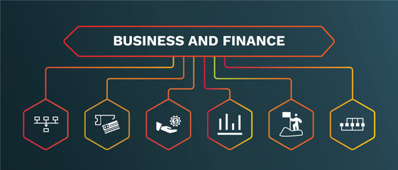 set of business and finance white filled icons. business and finance filled icons with infographic template. flat icons such as credit card and ticket, hand with money gear, column chart, man