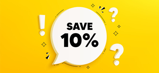 Save 10 percent off tag. Chat speech bubble banner with questions. Sale Discount offer price sign. Special offer symbol. Discount speech bubble message. Quiz chat box. Vector