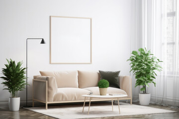 Contemporary Scandinavian Interior with Blank Art Frame and Botanical Elements