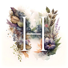 A watercolor letter "H" featuring intricate floral designs and delicate brushstrokes, capturing the essence of a flourishing garden in full bloom.