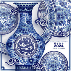 Happy chinese new year 2024 the dragon zodiac sign with flower,lantern,asian elements gold paper cut style on color background. ( Translation : happy new year 2024 year of the dragon )
