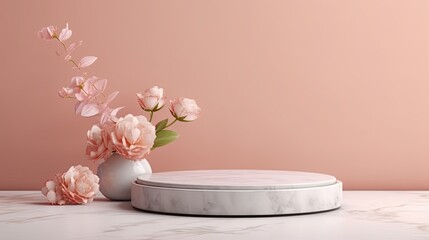 Obraz na płótnie Canvas Minimal product display podium with beautiful flowers background. Generative AI