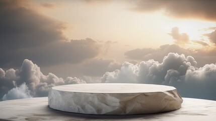 White marble podium with beautiful sky and clouds. Generative ai 