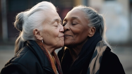 Fototapeta premium Old women lesbian couple. Black and Caucasian female in love. LGBT pride month celebration generative ai