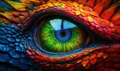 Dragon Eye, Rainbow Scales and Eye, a Fiery Stare. Discover the Enchantment of a Fantasy Dragon Image Close Up of the Eye. Generative AI.