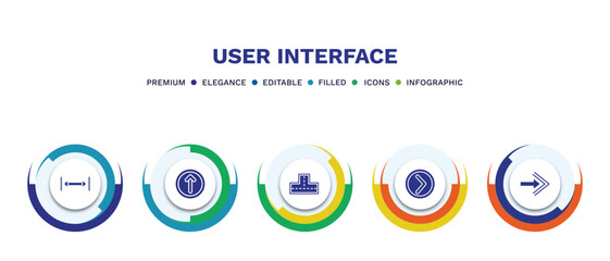 set of user interface filled icons. user interface filled icons with infographic template. flat icons such as gap, up arrow fold button, crossroad, round right arrow, arrow pointing right vector.