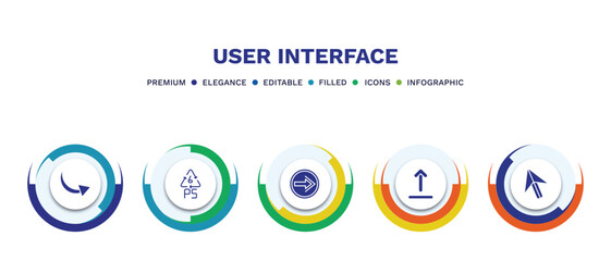 set of user interface filled icons. user interface filled icons with infographic template. flat icons such as curve arrows, 6 ps, go back button, upload button, mouse arrow vector.