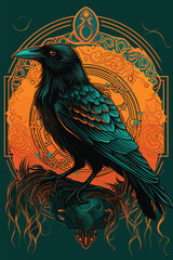 Turquoise crow and retro pattern background. vector illustration