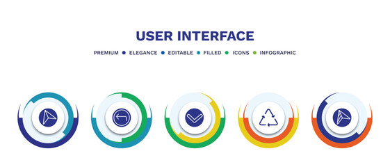 set of user interface filled icons. user interface filled icons with infographic template. flat icons such as navigation arrow, arrow address back, expand button, recycable, navigation arrows