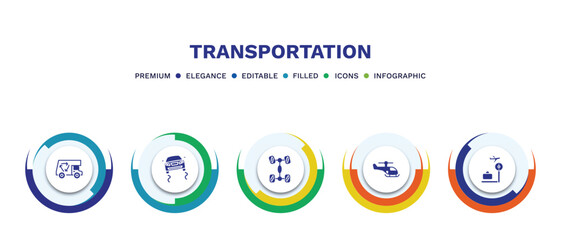 set of transportation filled icons. transportation filled icons with infographic template. flat icons such as recycling truck, slippy road, chassis, small helicopter, airport checking vector.