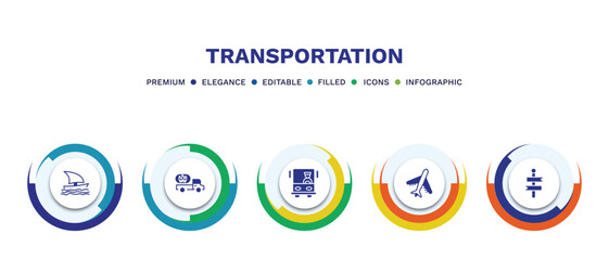 set of transportation filled icons. transportation filled icons with infographic template. flat icons such as sailing boat, gas truck, bus front with driver, air transport, way vector.