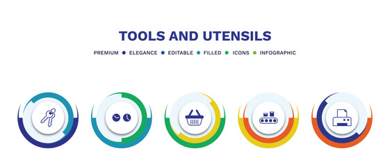 set of tools and utensils filled icons. tools and utensils filled icons with infographic template. flat icons such as key ring with two keys, clocks, empty shopping basket, packing hine, blank paper