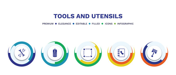 set of tools and utensils filled icons. tools and utensils filled icons with infographic template. flat icons such as cross wrench, charged battery, basic square, telephone agenda, piston on vector.
