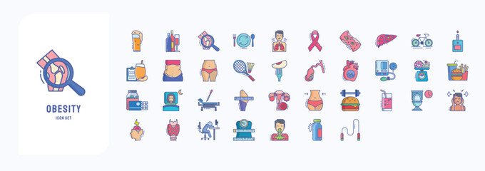 A collection sheet of linear color icons for Obesity, including icons like Beer, alcohol, Arthritis, Binge
