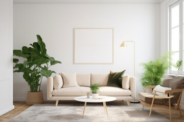 Sleek Nordic Living Area with Unfilled Picture Frame and Flourishing Foliage