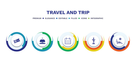 set of travel and trip filled icons. travel and trip filled icons with infographic template. flat icons such as train ticket, hotel bell, date, christ, sun bath vector.