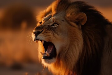 Fototapeta premium Close-up of an angry roaring lion ready to attack. Generative AI