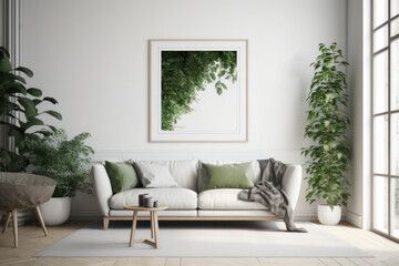 Fototapeta na wymiar Sleek Nordic Living Area with Unfilled Picture Frame and Flourishing Foliage
