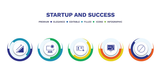 set of startup and success filled icons. startup and success filled icons with infographic template. flat icons such as career ladder, web development, identity, strategy sketch, restrict vector.