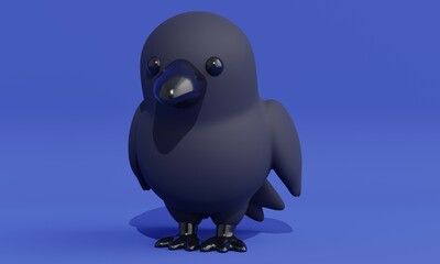 Cartoon black raven on a blue background. 3d rendering