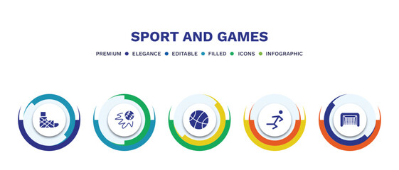 set of sport and games filled icons. sport and games filled icons with infographic template. flat icons such as sprained ankle, home run, basketball basket, wushu, hockey goal vector.