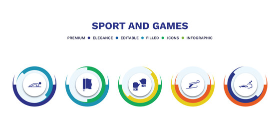 set of sport and games filled icons. sport and games filled icons with infographic template. flat icons such as man doing pushups, foil, two boxing gloves, jumping ski, drift car vector.