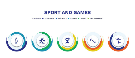 set of sport and games filled icons. sport and games filled icons with infographic template. flat icons such as left bend, biathlon, brazilian, weighted bars, dancer motion vector.