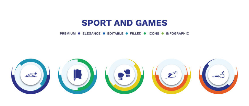 set of sport and games filled icons. sport and games filled icons with infographic template. flat icons such as man doing pushups, foil, two boxing gloves, jumping ski, drift car vector.