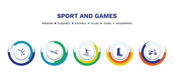 set of sport and games filled icons. sport and games filled icons with infographic template. flat icons such as breakdance, snow slide zone, jet surfing, ski boots, motocross vector.