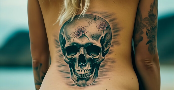 Woman with a human skull tattooed on her back. Perfect image for creating edgy designs and conveying strong emotions. Generative AI