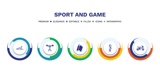 set of sport and game filled icons. sport and game filled icons with infographic template. flat icons such as man doing pushups, weight lifting, foil, left bend, motocross vector.