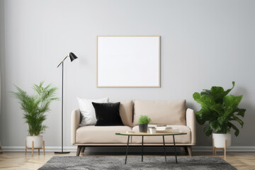 Scandinavian living room with blank poster frame, beige sofa, and green plant
