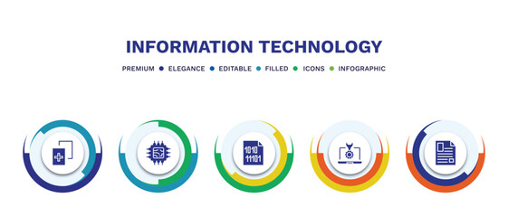 set of information technology filled icons. information technology filled icons with infographic template. flat icons such as duplicate, hardware, binary file, seo tools, article vector.