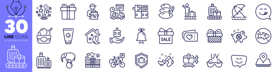 Piggy sale, Santa boots and Love tickets line icons pack. Sleep, Beach umbrella, Baggage belt web icon. Smile face, Baggage, Bicycle parking pictogram. Elephant on ball, Ice cream, Sale offer. Vector