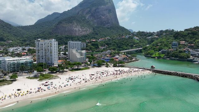 Pepe Beach At Barra Da Tijuca Rio De Janeiro Brazil. Seascape Coastal Background. Shore Sky Beach Sea. Shore Drone View Beach City Up Above. Shore Sea Ocean Bay. Barra da Tijuca Rio de Janeiro.