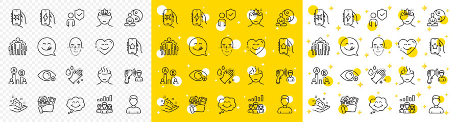 Fototapeta premium Outline Farsightedness, Yoga and Washing hands line icons pack for web with Charging app, Security, Face recognition line icon. Ab testing, Group, Teamwork results pictogram icon. Vector