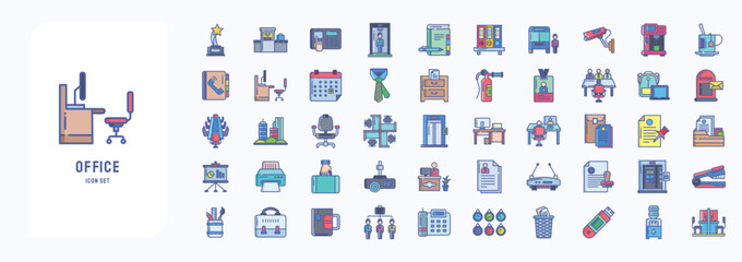 A collection sheet of linear color icons for Office work, including icon set.  icons like Tea, Team, Telephone, Time, and more