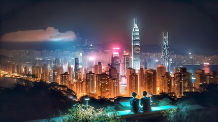 A stunning cityscape, showcasing the skyline of a bustling metropolis at night. The towering skyscrapers