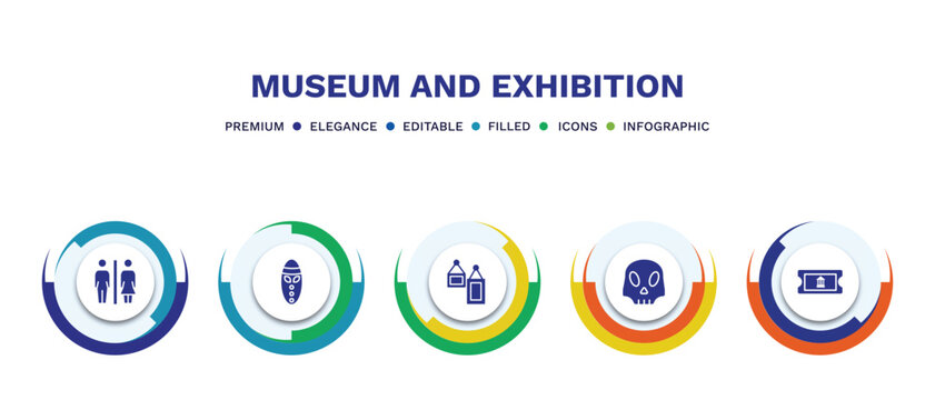 set of museum and exhibition filled icons. museum and exhibition filled icons with infographic template. flat icons such as restroom, mask, acrylic, anthropology, museum ticket vector.