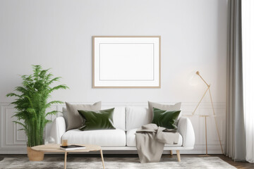 Scandinavian living room with blank poster frame, beige sofa, and green plant