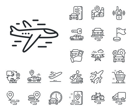 Plane flight transport sign. Plane, supply chain and place location outline icons. Airplane line icon. Aircraft symbol. Airplane line sign. Taxi transport, rent a bike icon. Travel map. Vector