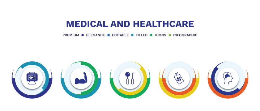 Set Of Medical And Healthcare Filled Icons. Medical And Healthcare Filled Icons With Infographic Template. Flat Icons Such As Heart Rate Monitor, Strong, Dentist Tool, Tag With A Cross, Brain In