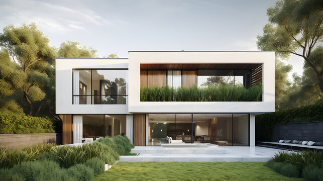 This stunning stock image showcases a beautifully designed house featuring a sleek and stylish exterior with clean lines and a contemporary feel, perfectly integrated with the surrounding landscape.