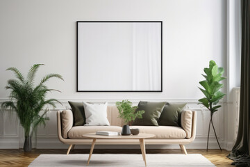 Scandinavian living room with blank poster frame, beige sofa, and green plant