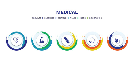 set of medical filled icons. medical filled icons with infographic template. flat icons such as cardiogram, arm, pill, blood pressure, iv vector.