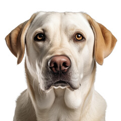 Portrait of a Labrador Retriever dog looking straight ahead at the camera with emotional eyes, isolated on transparent background.