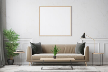 Scandinavian living room with blank poster frame mockup