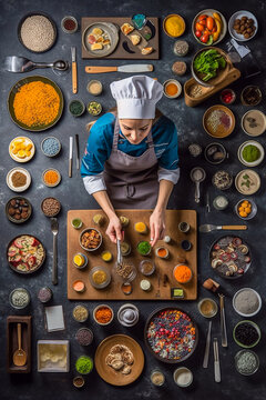 A Female Chef In The Style Of Knolling Surrounded Of Ingredients Of Her Cuisine - Ai Generative