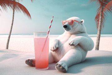 Oso polar de dibujos animados, sentado en la arena de una playa tomando un refresco en un vaso grande de cristal de fresa con pajita. Concepto vacaciones, turismo y viajes