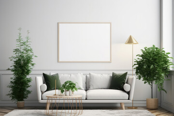Scandinavian living room with blank poster frame mockup